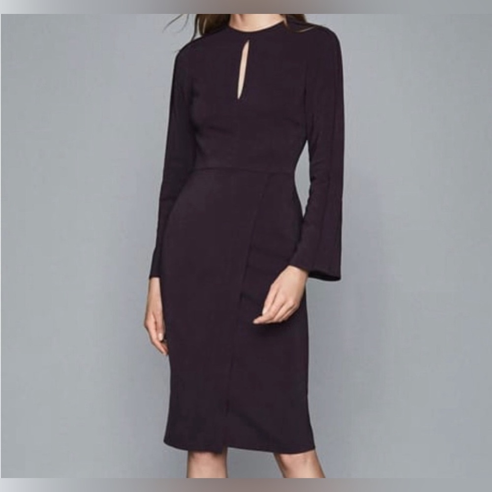 REISS Anouk Slim Cutout Long Sleeve Wrap Fitted Woven Formal Dress, Berry Size 8